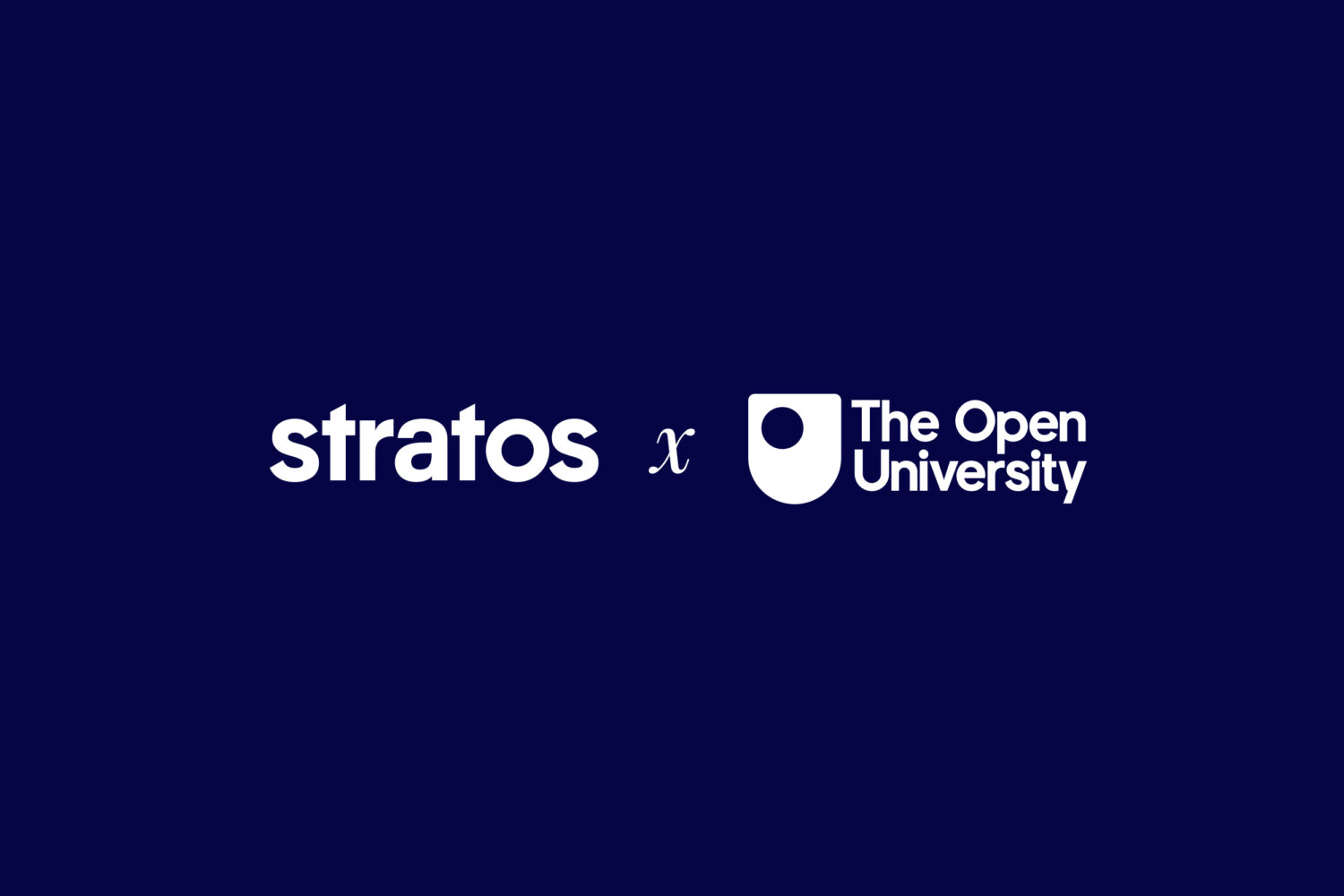 stratos and the open university logos in white on a blue background